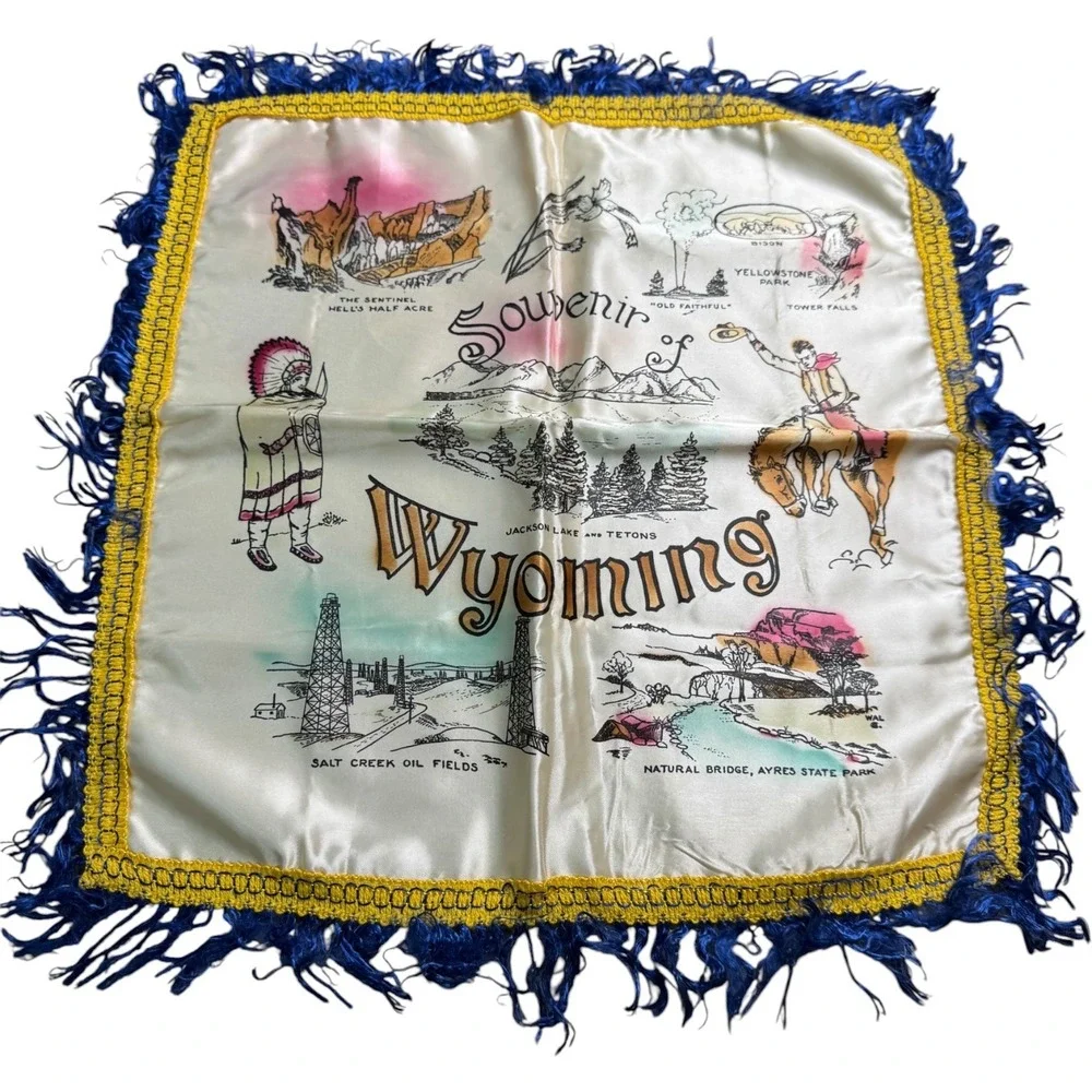 Vintage Wyoming Souvenir Satin Pillow Cover Fringe Yellowstone Western 50's 60's